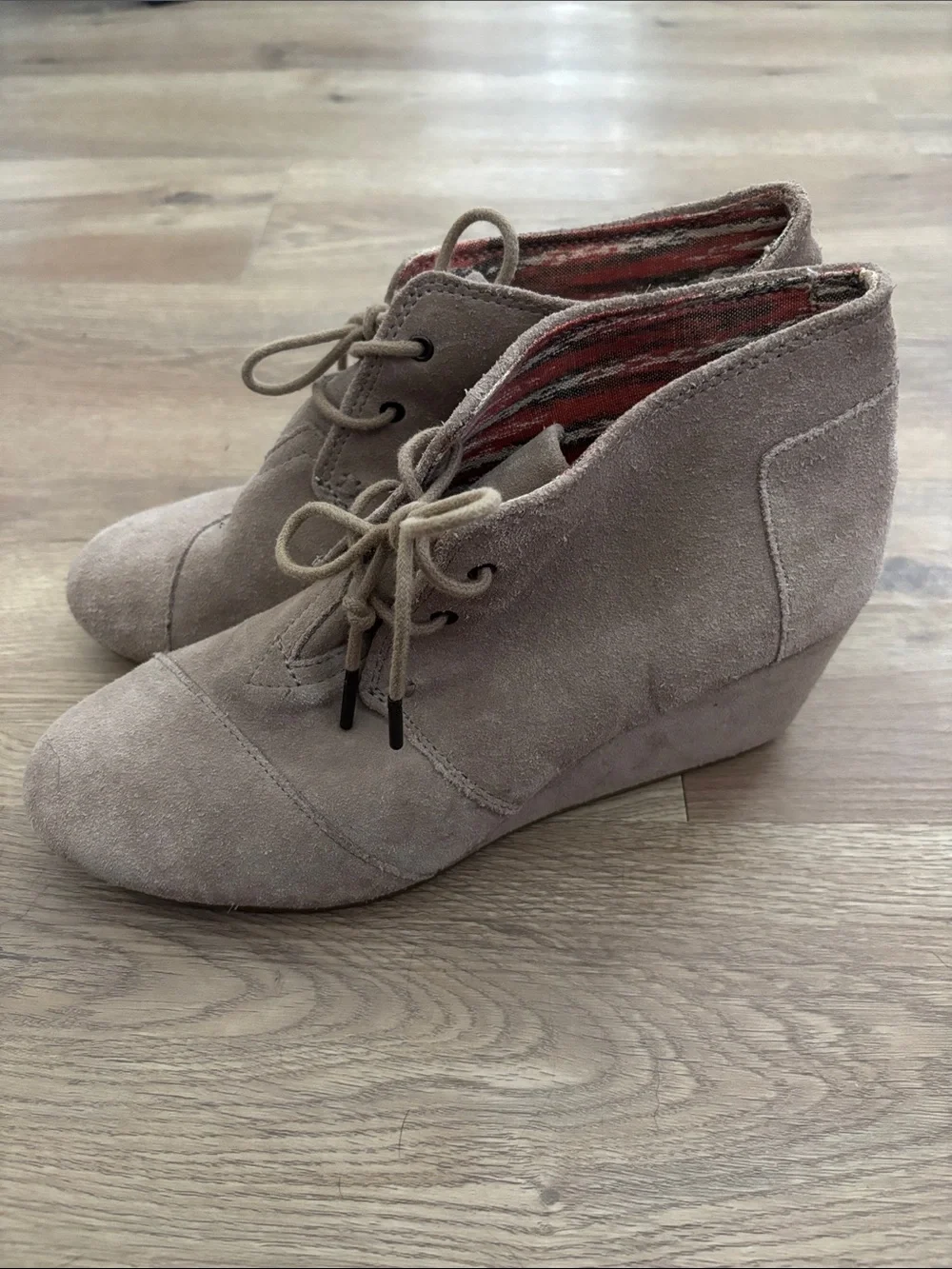 Toms Taupe Suede Lace-Up Booties with Striped Lining